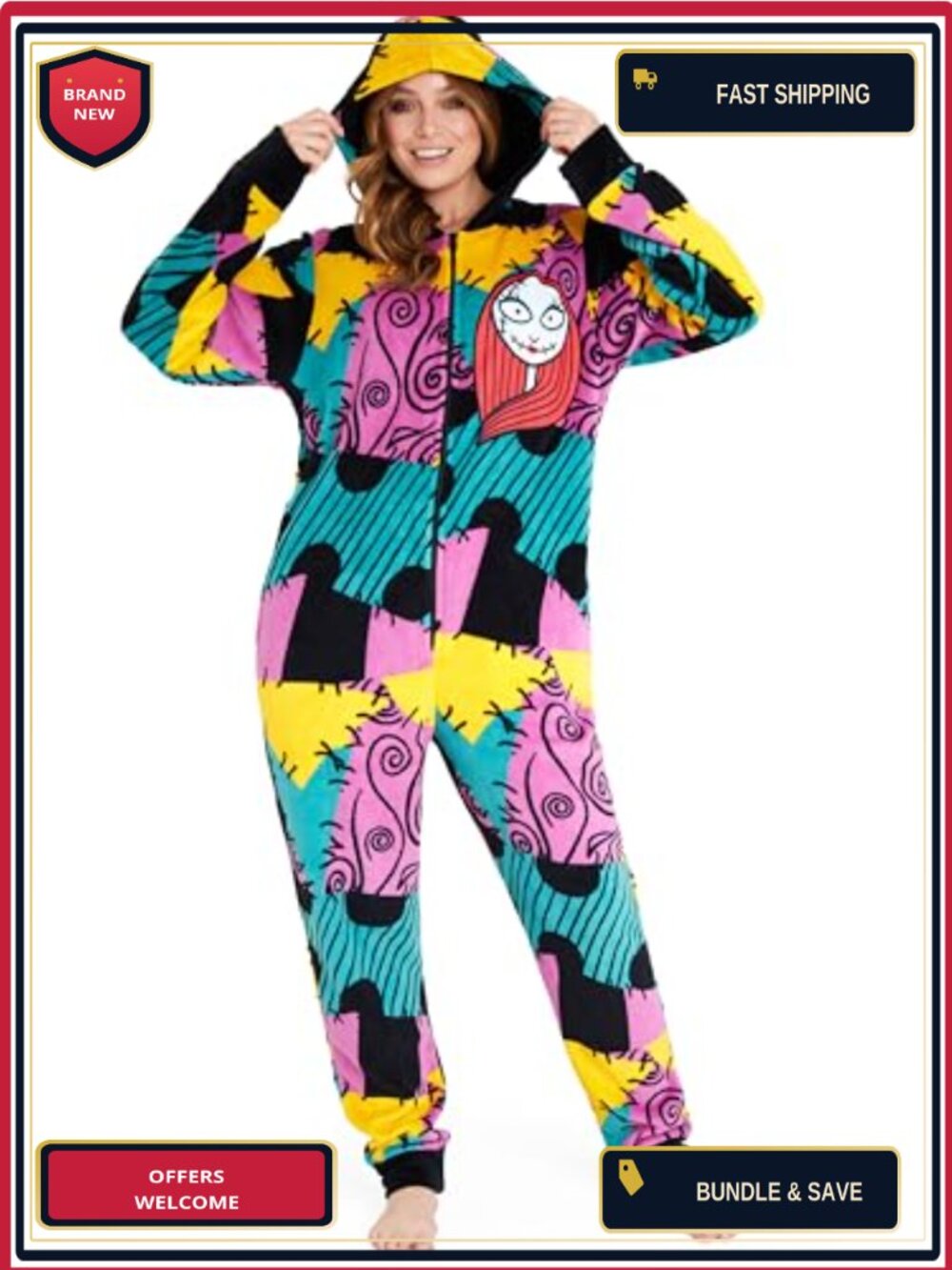 Disney Nightmare Before Christmas Sally One Piece Pajama Fleece Hooded Jumpsuit